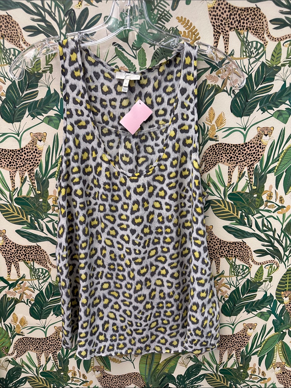 Joie Sleeveless Leopard Print Tank Top in Gray and Yellow S